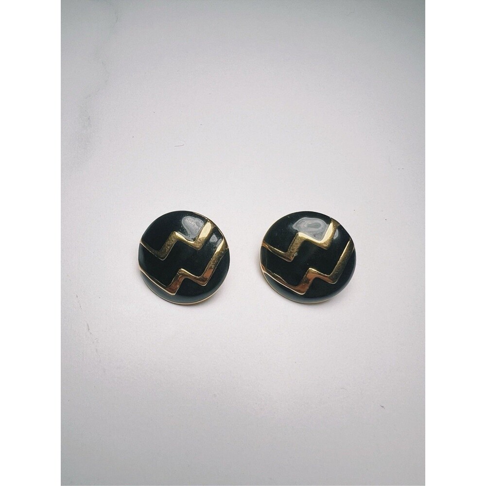 Vintage Earrings 90's Black and Gold Round Enamel Dark Academia Jewelry